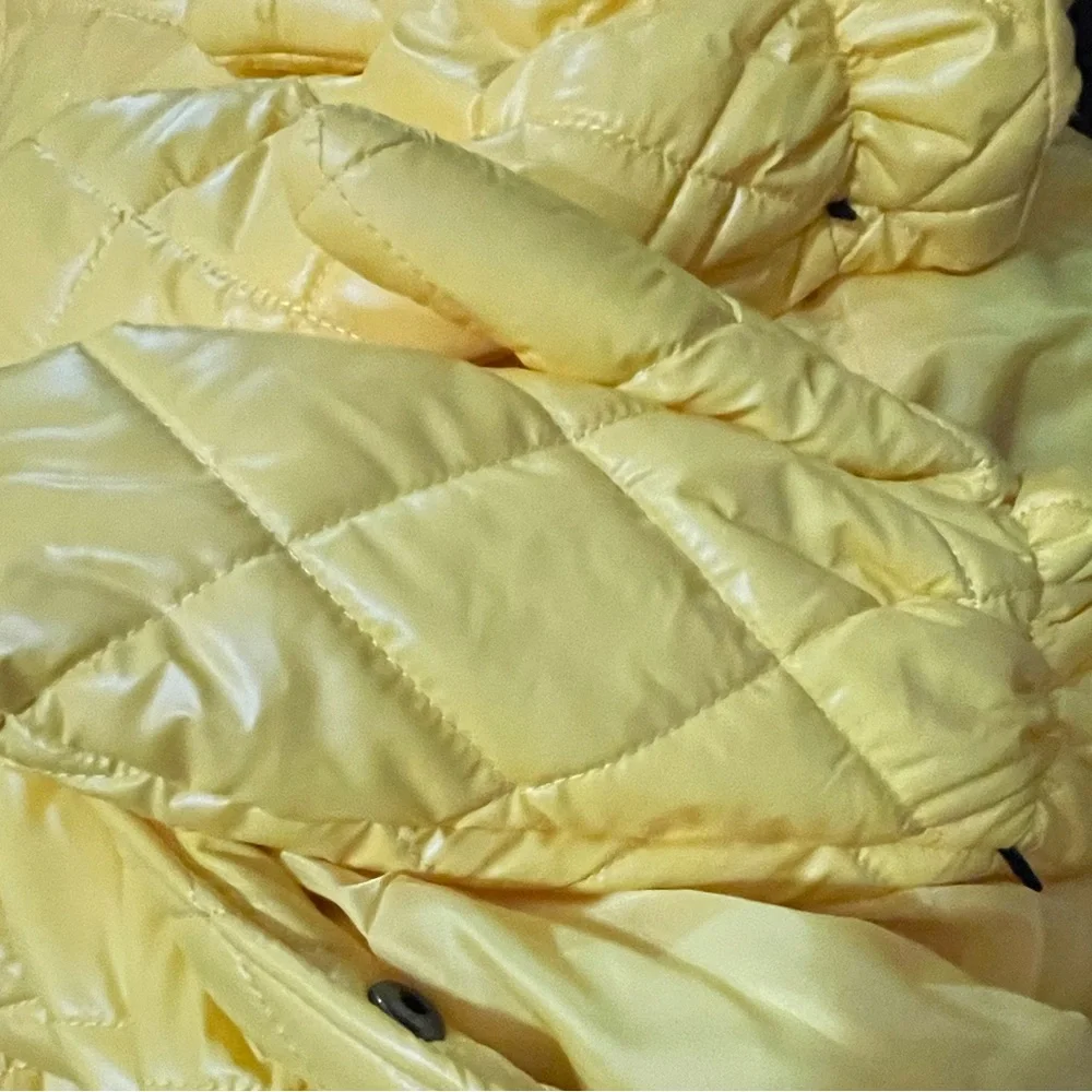 Belted Yellow Quilted Hooded Jumpsuit with Black Fur Trim - Picture 7 of 7